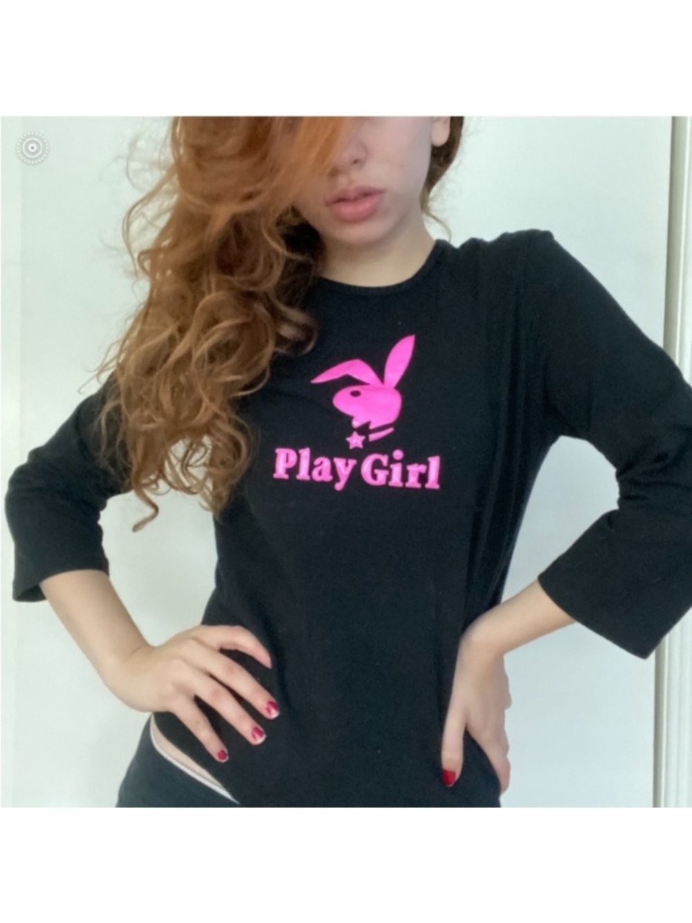 PlayGirl Black Long-Sleeve Top with Pink Logo SZ XS